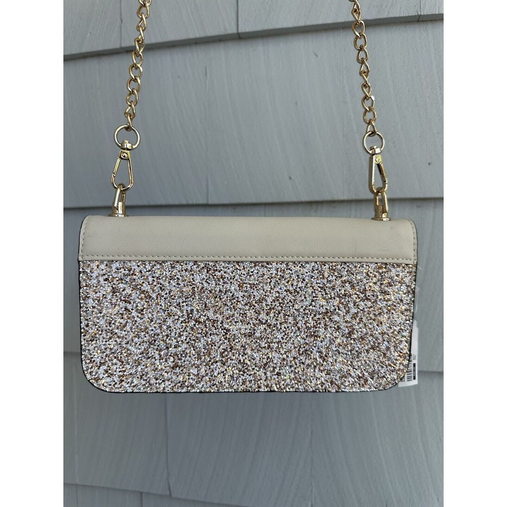 Aldo Evening Bag Beige with Sparkles and Gold Accents and Chain,‎ Zip Closure